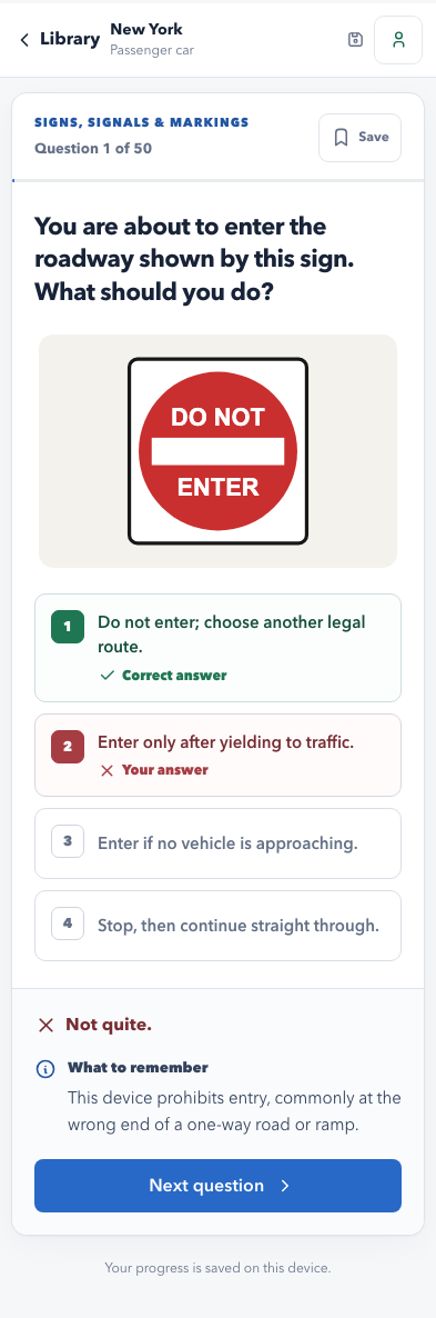 New York permit practice question about a Do Not Enter sign, with the correct answer and an explanation shown.