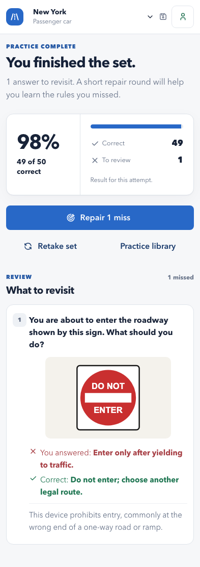 Sample New York practice result showing one missed sign question and an option to repair it.